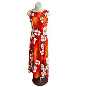 Vintage 60s Hawaiian Orange Floral Tiki Barkcloth Maxi Dress from Penney's
